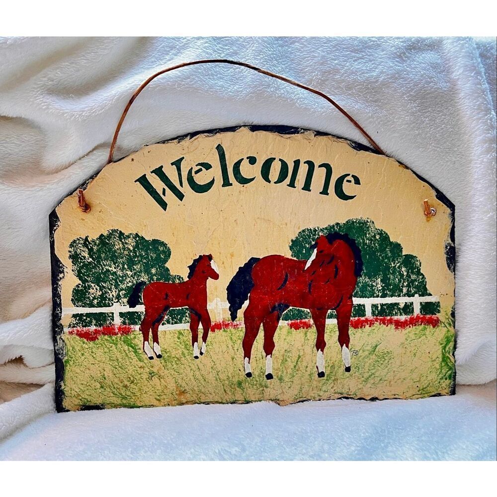 Cape Cod Stencil Company Welcome Sign With Horses Hand Painted On Slate